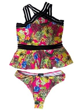 NWT Edel Qual Women’s Peplum Tankini Set Pink Tropical Floral & Mesh Size XL